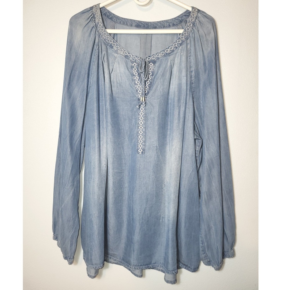 Light Blue Women's Peasant Blouse with Embroidered Neckline